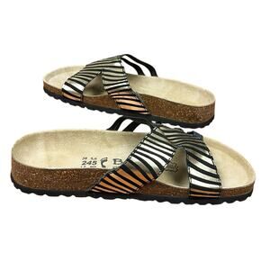 Betula by Birkentstock Gold Black Sandal Slip On Leather Flat Shoes Size 7 NWOB